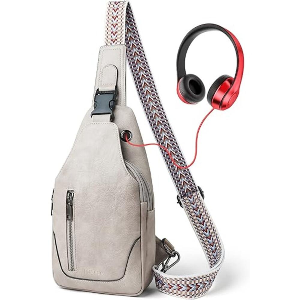NEW Gray Vegan Leather Sling Crossbody Bag – White & Brown w/ Wide Strap